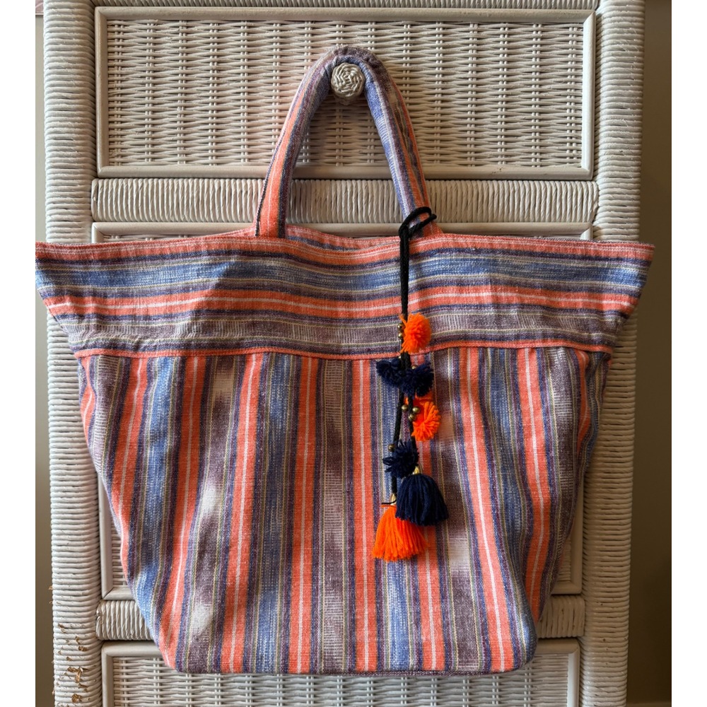 JADEtribe Thailand Woven Striped Tote Bag Orange Blue Tassel Pom Pom Beach Bag